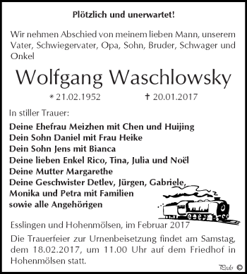 Traueranzeige von Wolfgang Waschlowsky von WVG - Wochenspiegel NMB / WSF / ZTZ