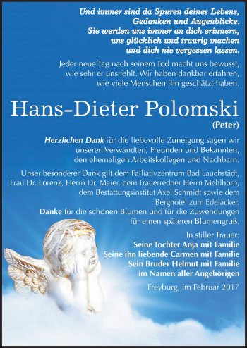 Traueranzeige von Hans Dieter Polomski von Mitteldeutsche Zeitung Naumburg/Nebra