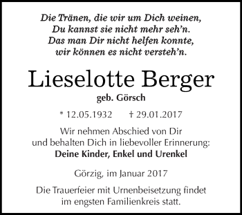 Traueranzeige von Lieselotte Berger von WVG - Wochenspiegel Dessau / Köthen