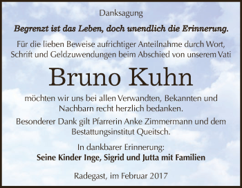 Traueranzeige von Bruno Kuhn von WVG - Wochenspiegel Dessau / Köthen