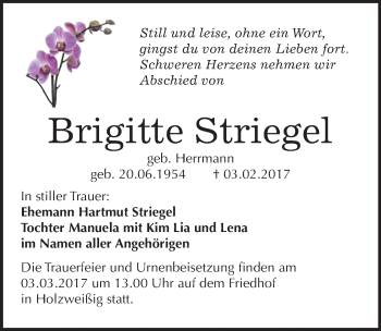 Traueranzeige von Brigitte Striegel von Mitteldeutsche Zeitung Bitterfeld