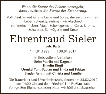 Traueranzeige von Ehrentraud Sieler von WVG - Wochenspiegel Dessau / Köthen
