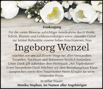 Traueranzeige von Ingeborg Wenzel von Mitteldeutsche Zeitung Weißenfels