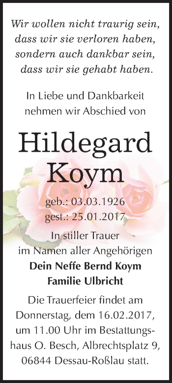 Traueranzeige von Hildegard Koym von Mitteldeutsche Zeitung Dessau-Roßlau