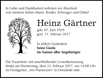 Traueranzeige von Heinz Gärtner von Mitteldeutsche Zeitung Halle/Saalkreis