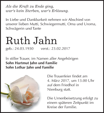 Traueranzeige von Ruth Jahn von Mitteldeutsche Zeitung Bernburg