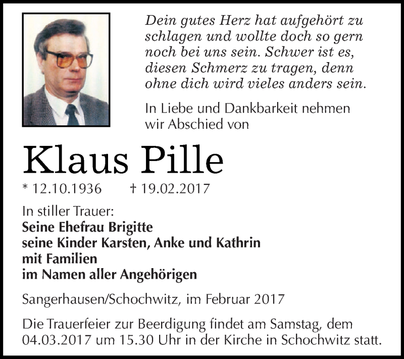  Traueranzeige für Klaus Pille vom 25.02.2017 aus Super Sonntag SGH Mansf. Land