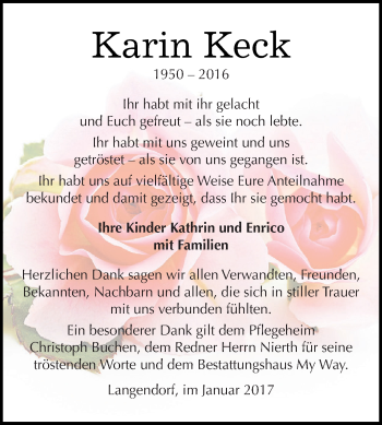 Traueranzeige von Karin Keck von WVG - Wochenspiegel NMB / WSF / ZTZ