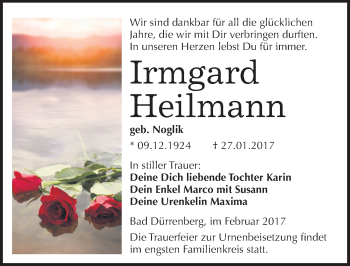 Traueranzeige von Irmgard Heilmann von Mitteldeutsche Zeitung Merseburg/Querfurt