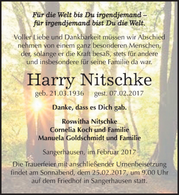 Traueranzeige von Harry Nitschke von Mitteldeutsche Zeitung Sangerhausen