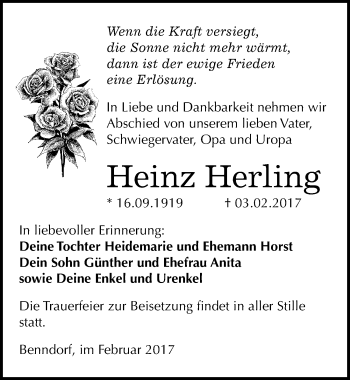 Traueranzeige von Heinz Herling von Mitteldeutsche Zeitung Mansfelder Land