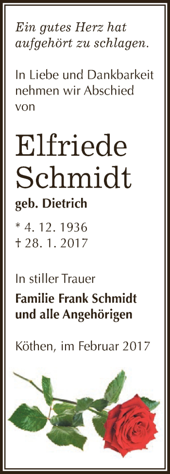 Traueranzeige von Elfriede Schmidt von WVG - Wochenspiegel Dessau / Köthen