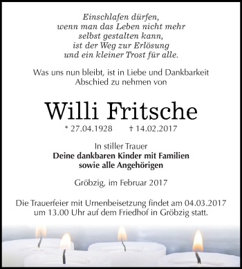 Traueranzeige von Willi Fritsche von WVG - Wochenspiegel Dessau / Köthen