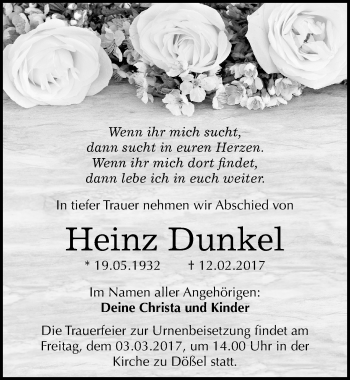 Traueranzeige von Heinz Dunkel von Mitteldeutsche Zeitung Halle/Saalkreis