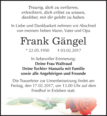 Traueranzeige von Frank Gängel von Mitteldeutsche Zeitung Mansfelder Land