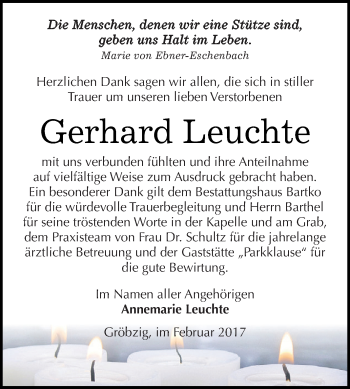 Traueranzeige von Gerhard Leuchte von WVG - Wochenspiegel Dessau / Köthen