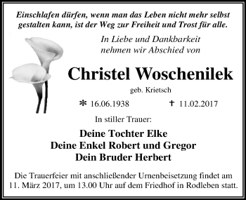 Traueranzeige von Christel Woschenilek von Mitteldeutsche Zeitung Dessau-Roßlau