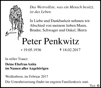 Traueranzeige von Peter Penkwitz von Mitteldeutsche Zeitung Zeitz