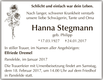 Traueranzeige von Hanna Stegmann von Super Sonntag Quedlinburg