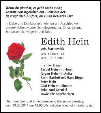 Traueranzeige von Edith Hein von WVG - Wochenspiegel Dessau / Köthen