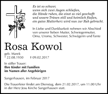 Traueranzeige von Rosa Kowol von Mitteldeutsche Zeitung Sangerhausen