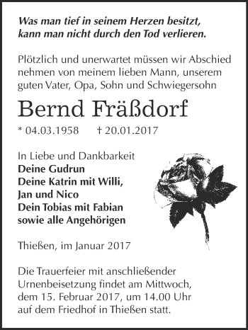 Traueranzeige von Bernd Fräßdorf von WVG - Wochenspiegel Dessau / Köthen