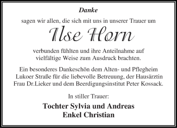 Traueranzeige von Ilse  Horn von WVG - Wochenspiegel Dessau / Köthen