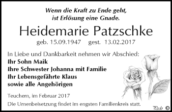 Traueranzeige von Heidemarie Patzschke von Mitteldeutsche Zeitung Weißenfels