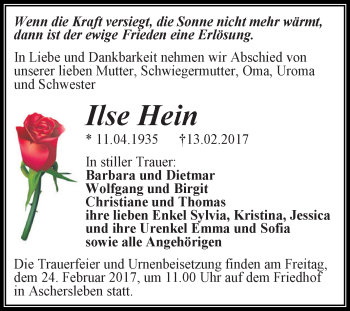 Traueranzeige von Ilse Hein von Super Sonntag SGH Mansf. Land