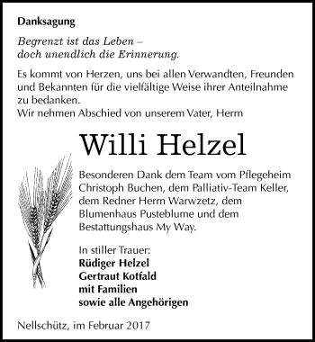 Traueranzeige von Willi Helzel von Mitteldeutsche Zeitung Weißenfels