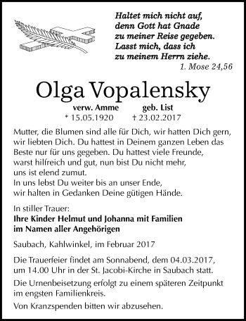 Traueranzeige von Olga Vopalensky von Mitteldeutsche Zeitung Naumburg/Nebra