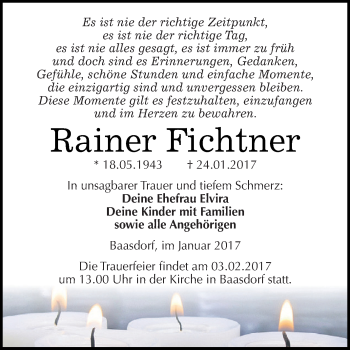 Traueranzeige von Rainer Fichtner von WVG - Wochenspiegel Dessau / Köthen
