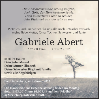 Traueranzeige von Gabriele Abert von Super Sonntag Halle