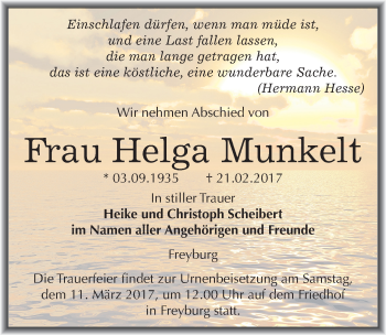 Traueranzeige von Helga Munkelt von Mitteldeutsche Zeitung Naumburg/Nebra