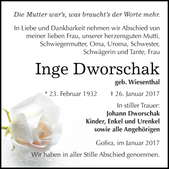 Traueranzeige von Inge Dworschak von Super Sonntag Zeitz
