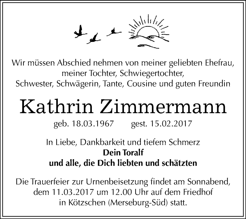 Traueranzeige für Kathrin Zimmermann vom 25.02.2017 aus Super Sonntag Halle