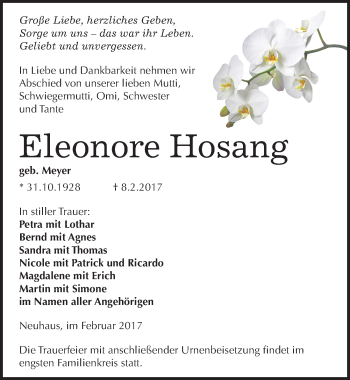 Traueranzeige von Eleonore Hosang von Mitteldeutsche Zeitung Sangerhausen
