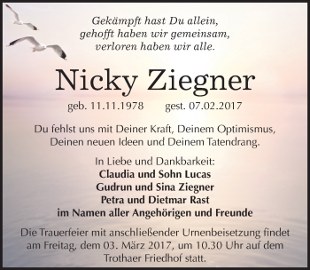 Traueranzeige von Nicky Ziegner von Mitteldeutsche Zeitung Halle/Saalkreis