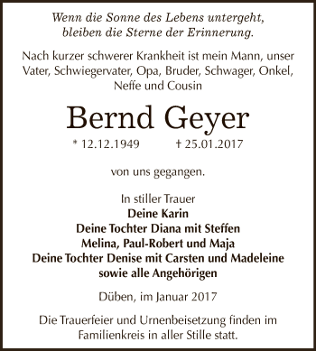 Traueranzeige von Bernd Geyer von Super Sonntag Wittenberg