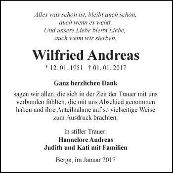 Traueranzeige von Wilfried Andreas von Super Sonntag SGH Mansf. Land