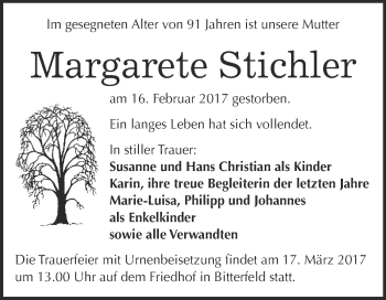 Traueranzeige von Margarete Stichler von WVG - Wochenspiegel Bitterfeld