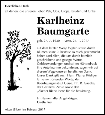 Traueranzeige von Karlheinz Baumgarte von Mitteldeutsche Zeitung Köthen