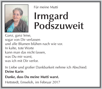 Traueranzeige von Irmgard Podszuweit von Mitteldeutsche Zeitung Mansfelder Land