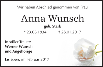 Traueranzeige von Anna Wunsch von Mitteldeutsche Zeitung Mansfelder Land