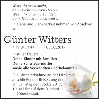 Traueranzeige von Günter Witters von WVG - Wochenspiegel Bitterfeld