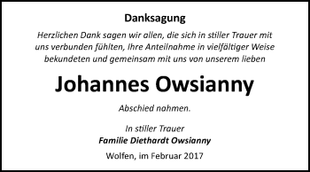 Traueranzeige von Johannes Owsianny von WVG - Wochenspiegel Bitterfeld