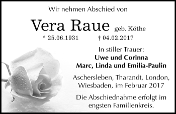 Traueranzeige von Vera Raue von Mitteldeutsche Zeitung Aschersleben