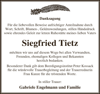 Traueranzeige von Siegfried Tietz von WVG - Wochenspiegel Dessau / Köthen
