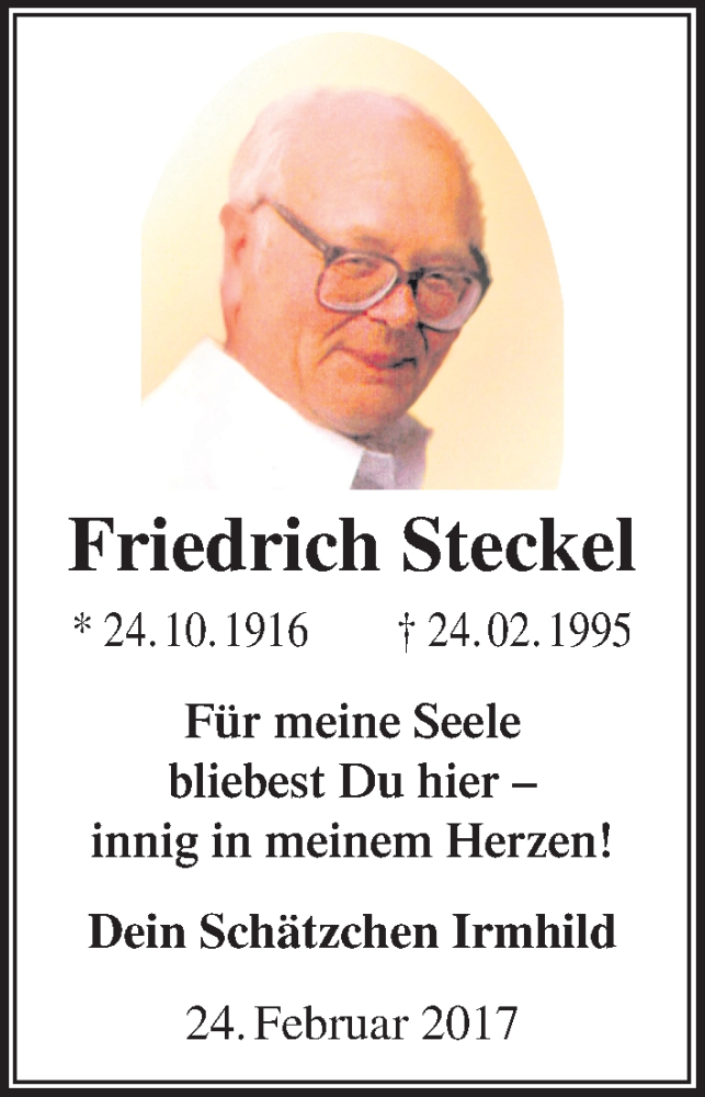  Traueranzeige für Friedrich Steckel vom 24.02.2017 aus Mitteldeutsche Zeitung Halle/Saalkreis
