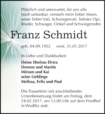 Traueranzeige von Franz Schmidt von Mitteldeutsche Zeitung Bernburg
